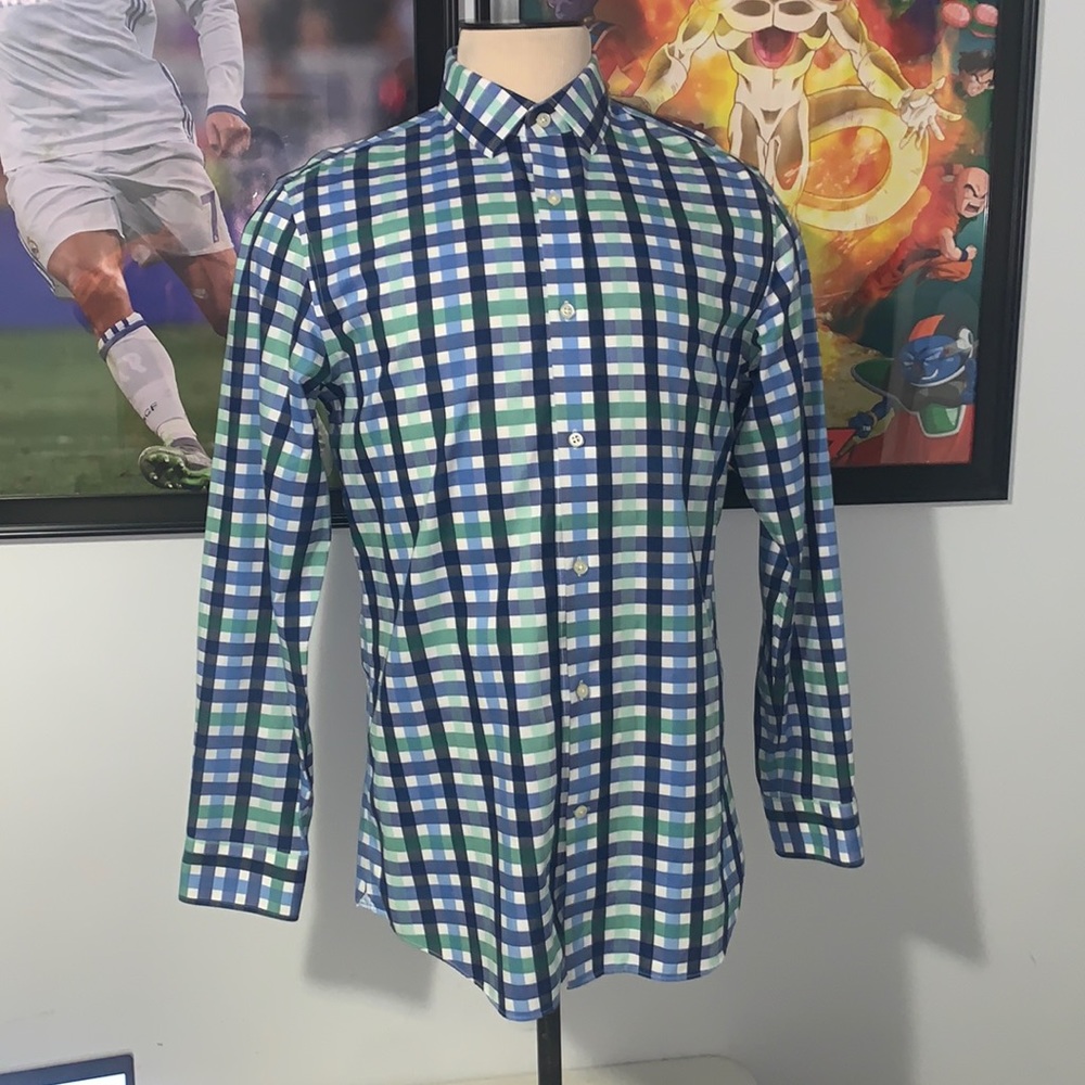 BANANA REPUBLIC Grant Fit Non Iron Blue green Plaid Longsleeve Button Up Shirt